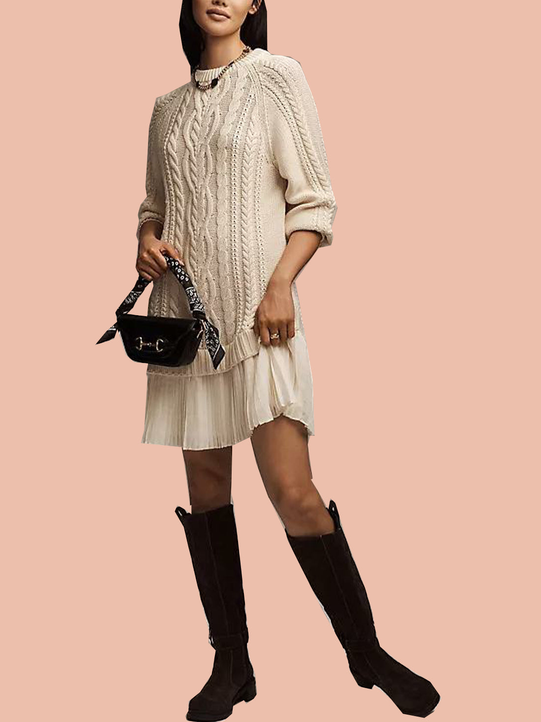Women's Crewneck Cable Knit Sweater Mini Dress (Buy 2 Free Shipping)