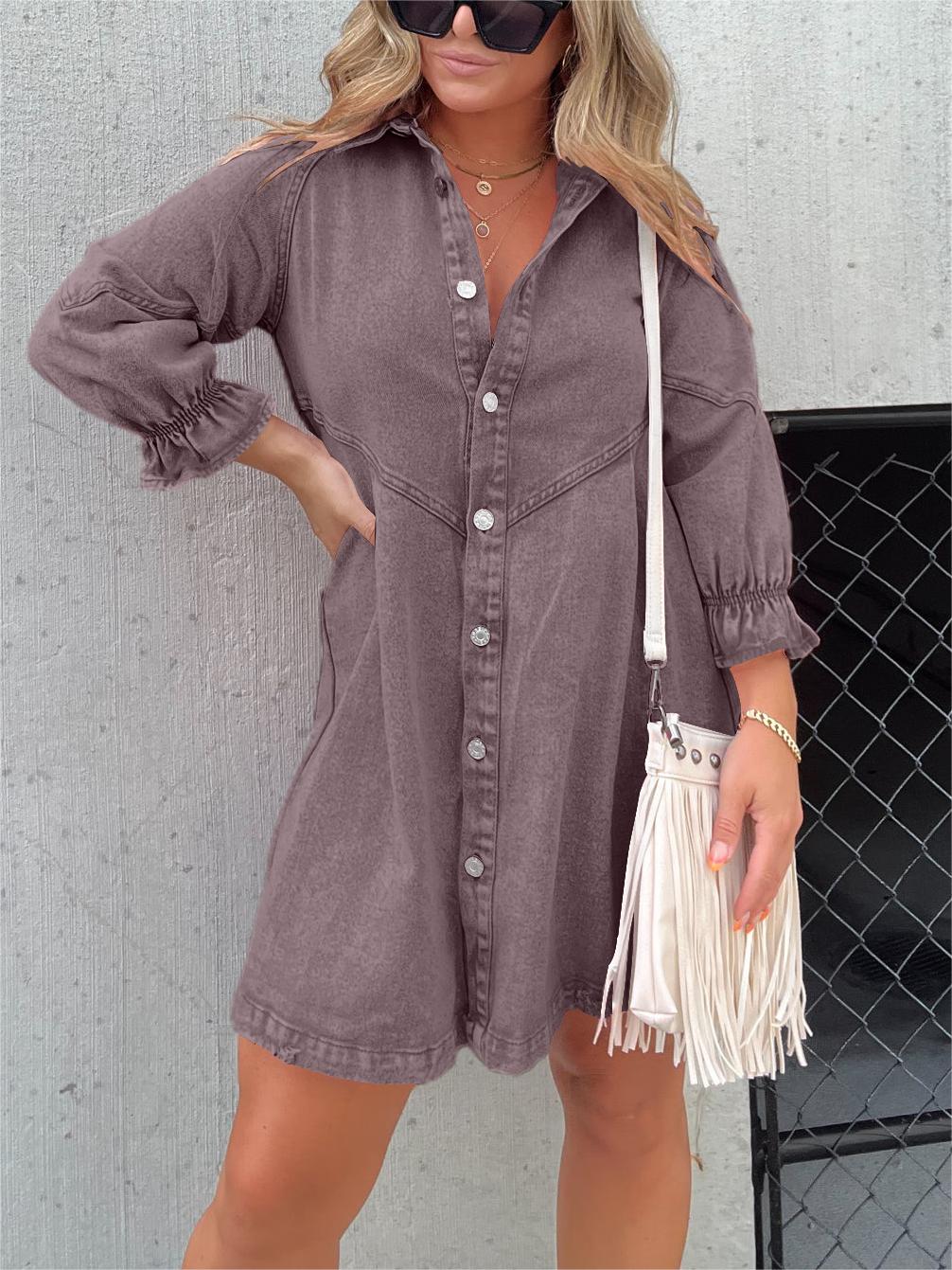 Women's Washed Denim Puff Sleeve Dress (Buy 2 Free Shipping)
