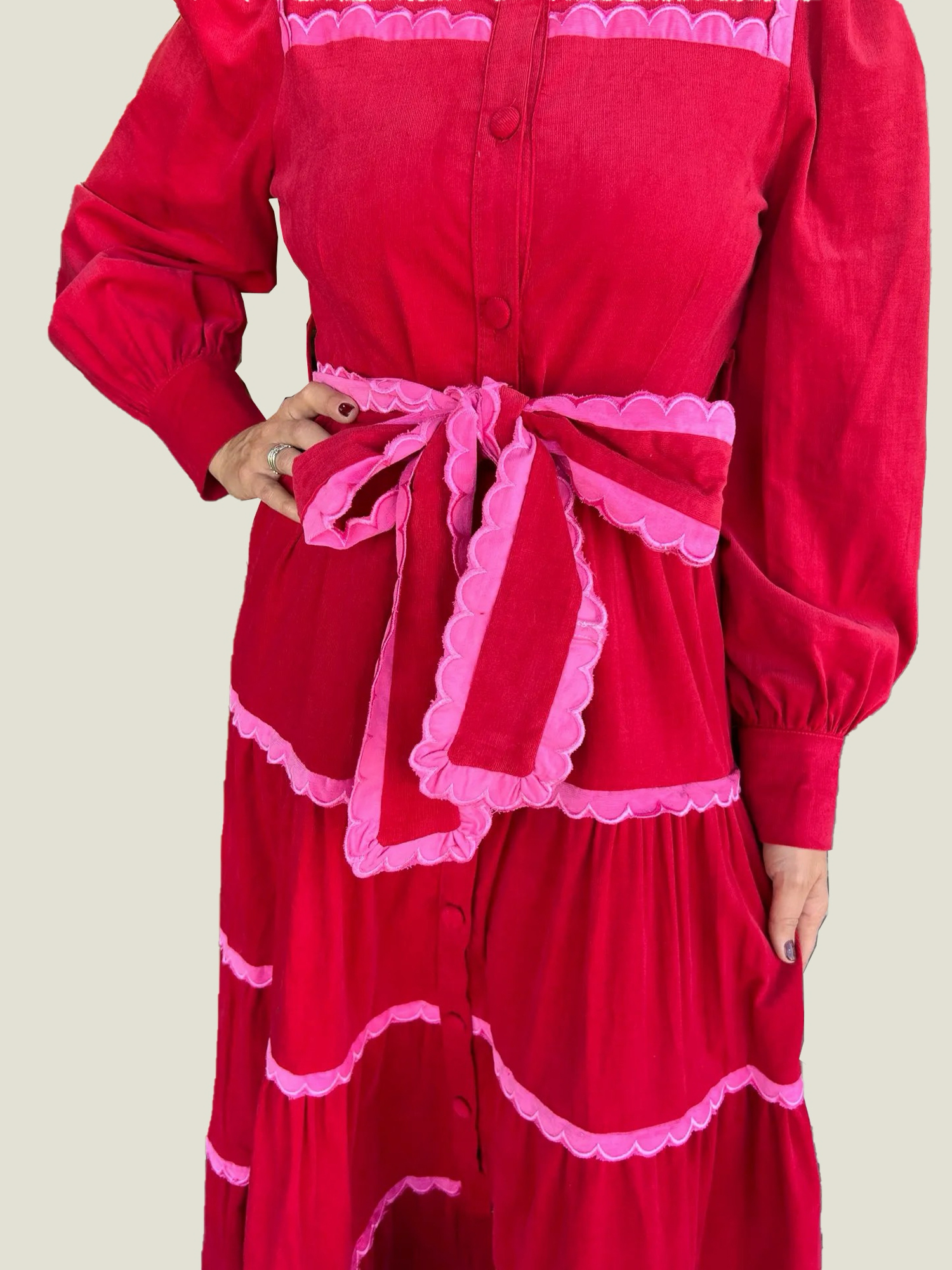 Women's Button Down Scalloped Tiered Corduroy Dress (Buy 2 Free Shipping)