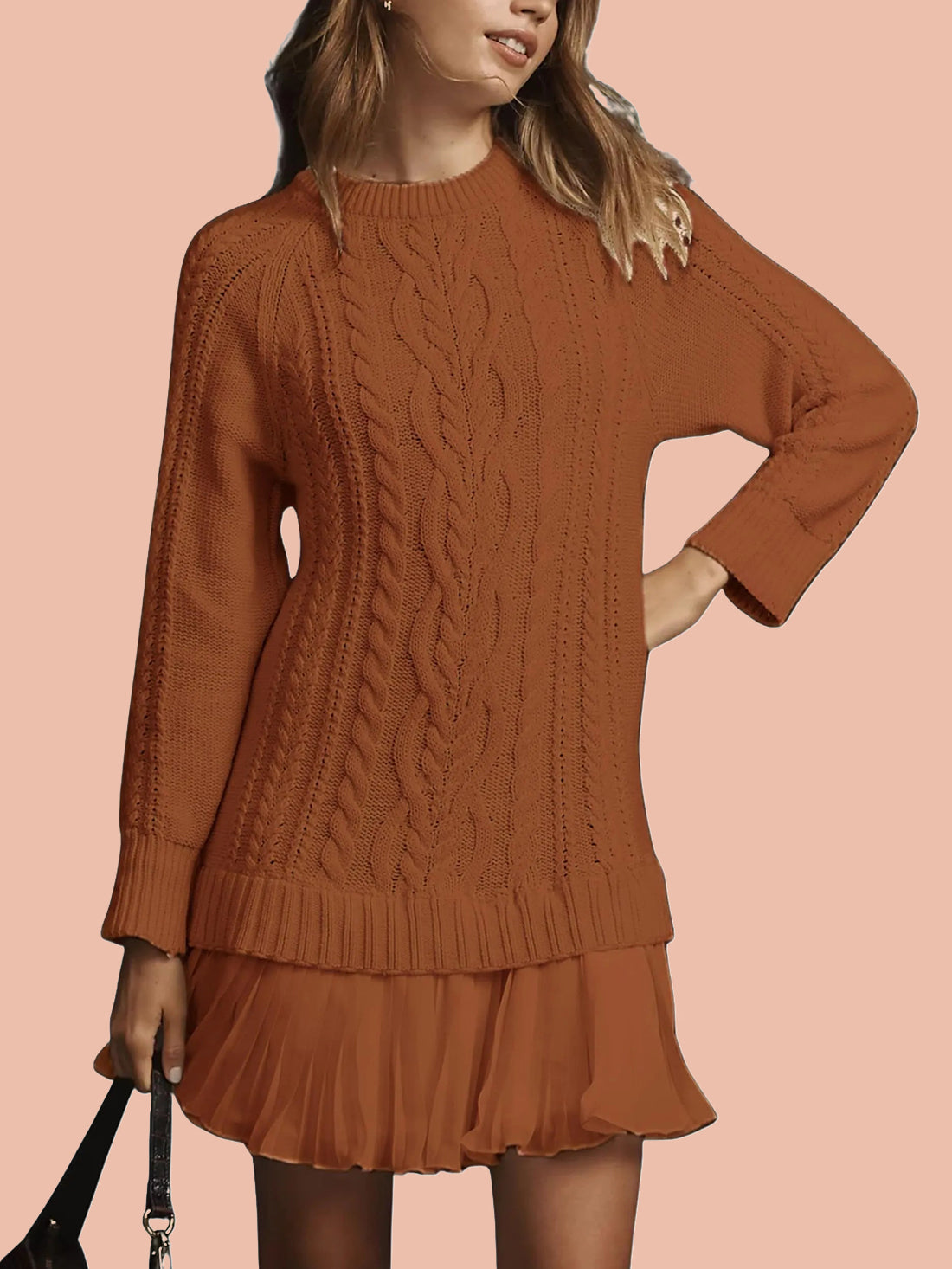 Women's Crewneck Cable Knit Sweater Mini Dress (Buy 2 Free Shipping)