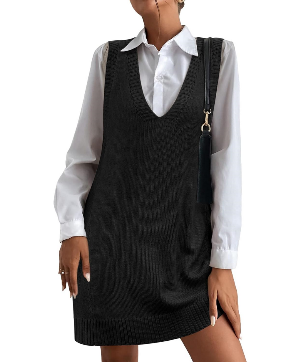 Women's V-Neck Sweater Vest Dress with Pockets (Buy 2 Free Shipping)