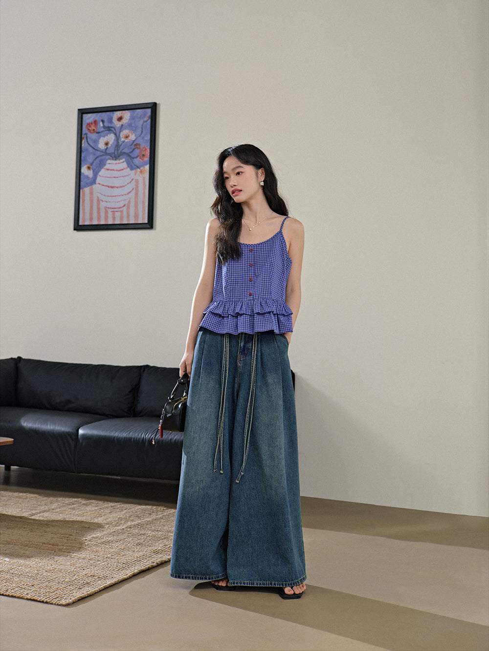 Blue Plaid Ruffle Blouse