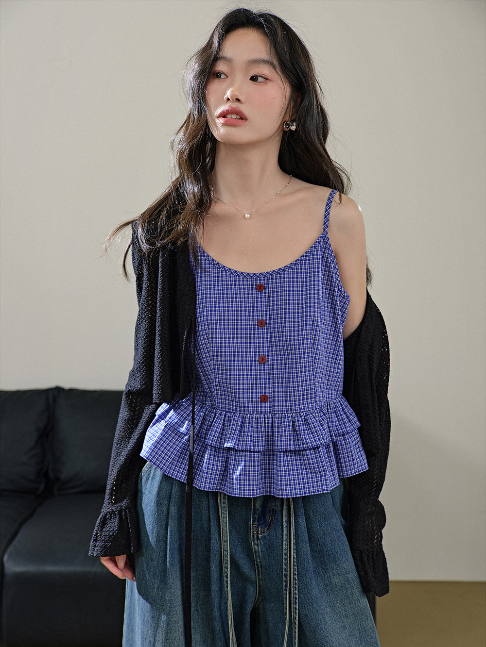 Blue Plaid Ruffle Blouse