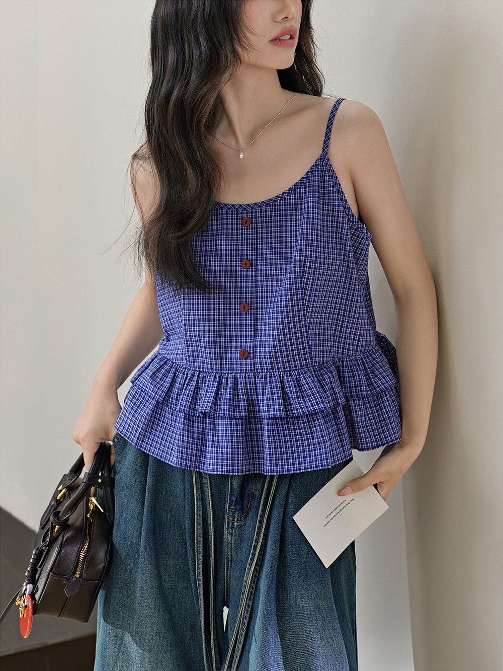 Blue Plaid Ruffle Blouse