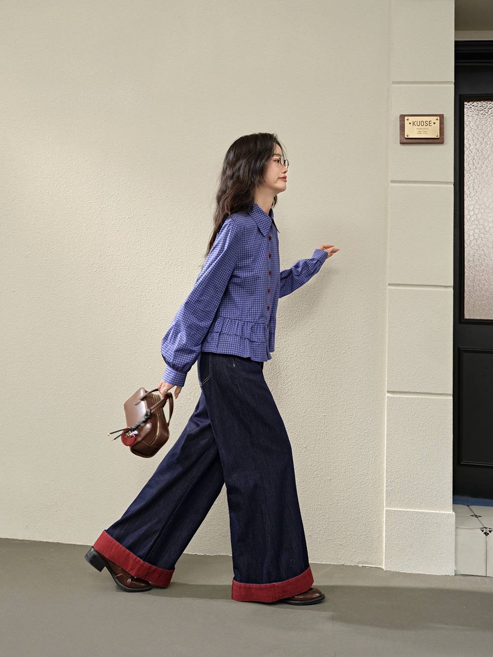 Blue Plaid Ruffle Blouse