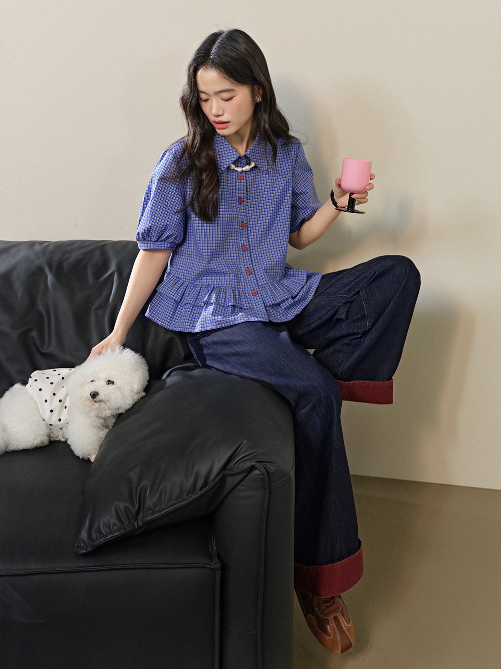 Blue Plaid Ruffle Blouse