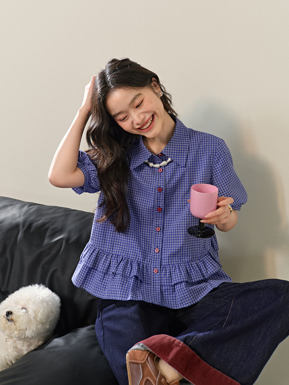 Blue Plaid Ruffle Blouse