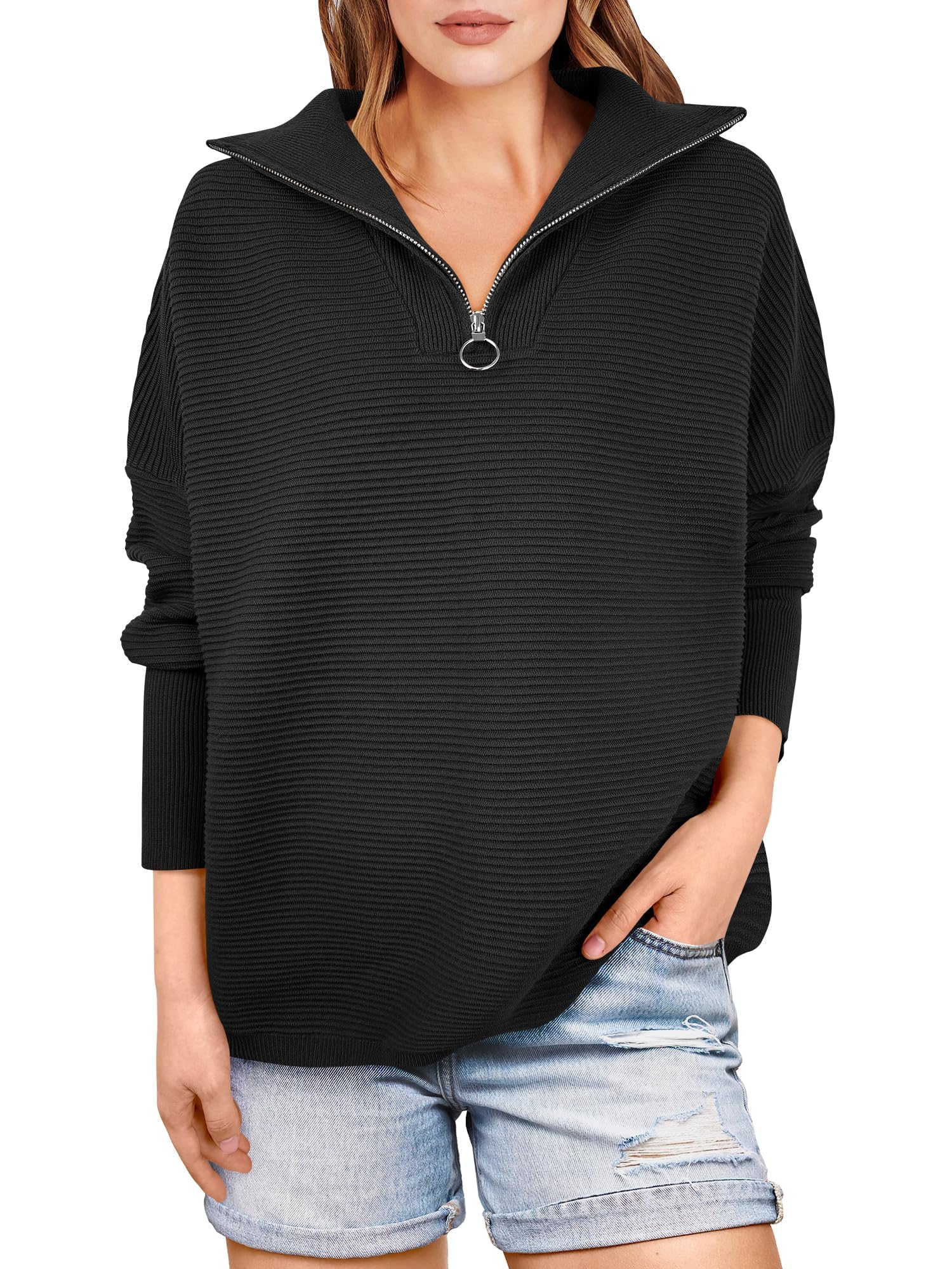 Women's Quarter Zip Rib Knit Cozy Pullover Sweaters  (Buy 2 Free Shipping)
