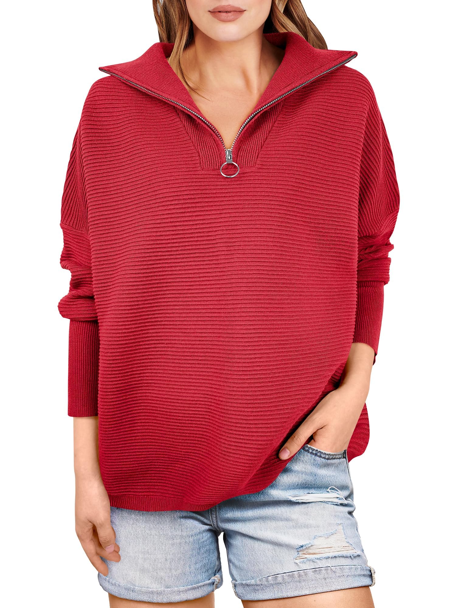 Women's Quarter Zip Rib Knit Cozy Pullover Sweaters  (Buy 2 Free Shipping)