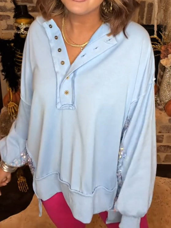 Women's Sequin Colorblock Henley Sweatshirt (Buy 2 Free Shipping)