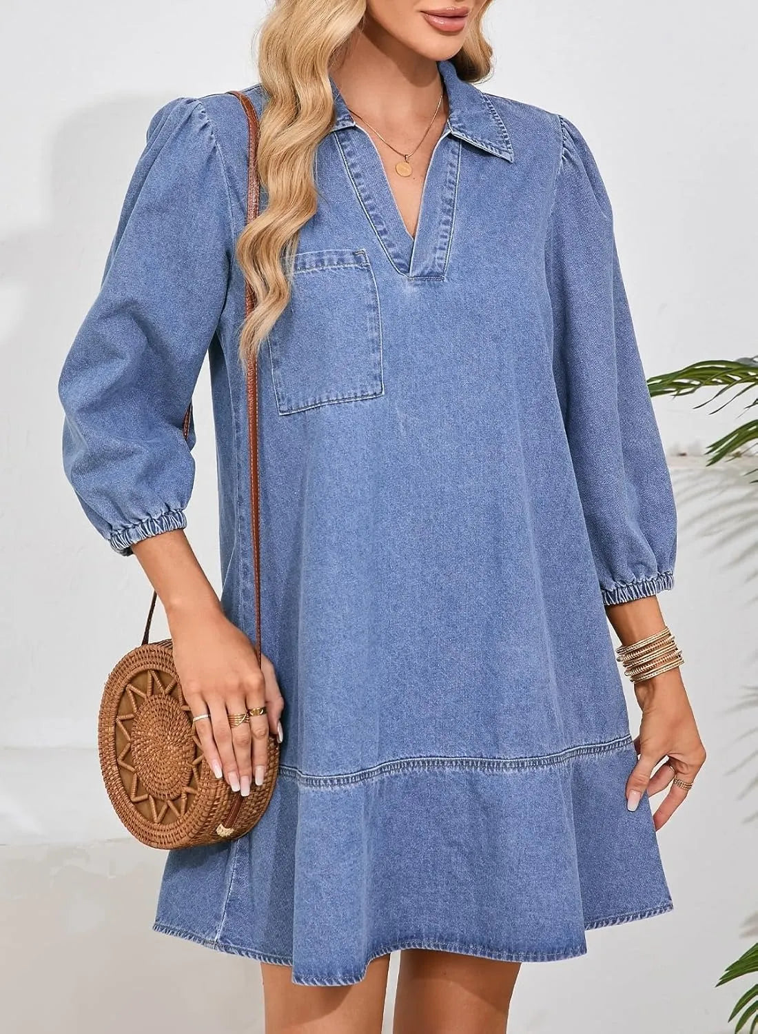 Women's V-Neck Puff Sleeve Denim Layered Dress (Buy 2 Free Shipping)