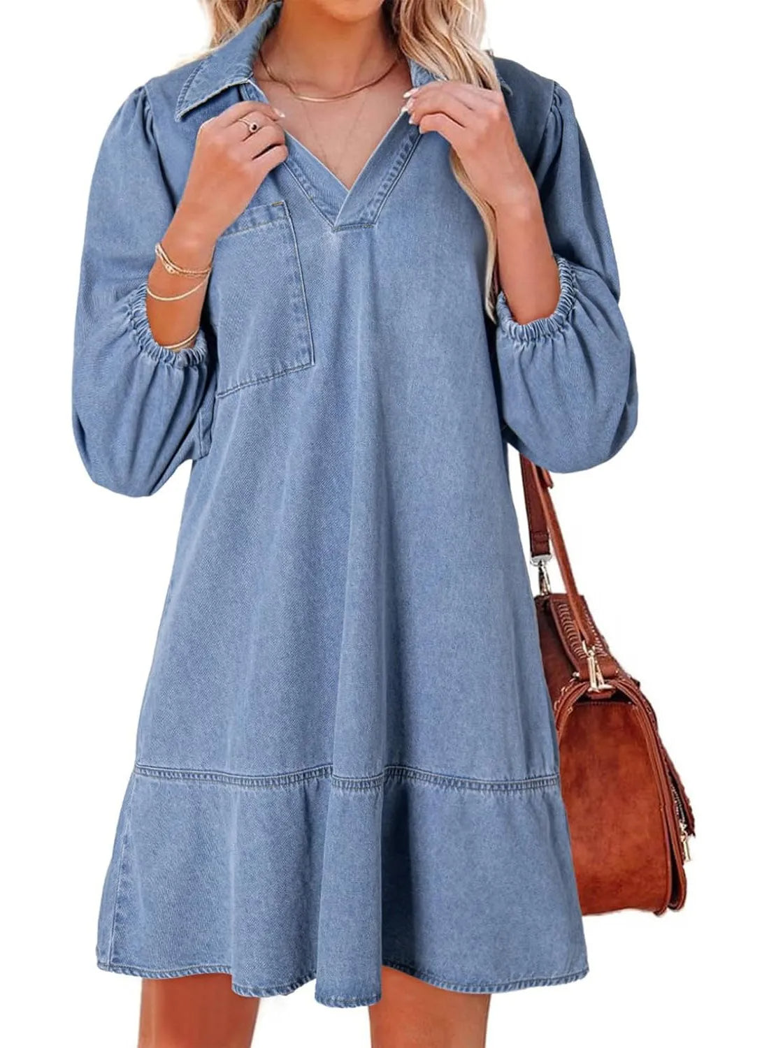 Women's V-Neck Puff Sleeve Denim Layered Dress (Buy 2 Free Shipping)