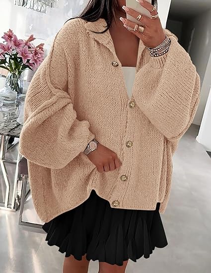 Women's Winter Button Down Cardigan Sweaters Mock Neck Lantern Long Sleeve Chunky Knit Jacket Trendy Outerwear